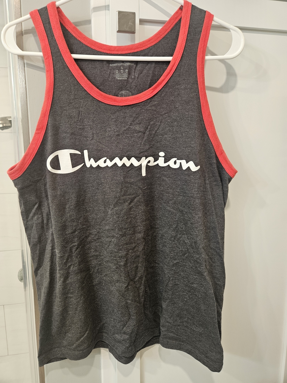 Men's Champion Dark Gray Tank Top with Red Trim and White Logo, Size Small